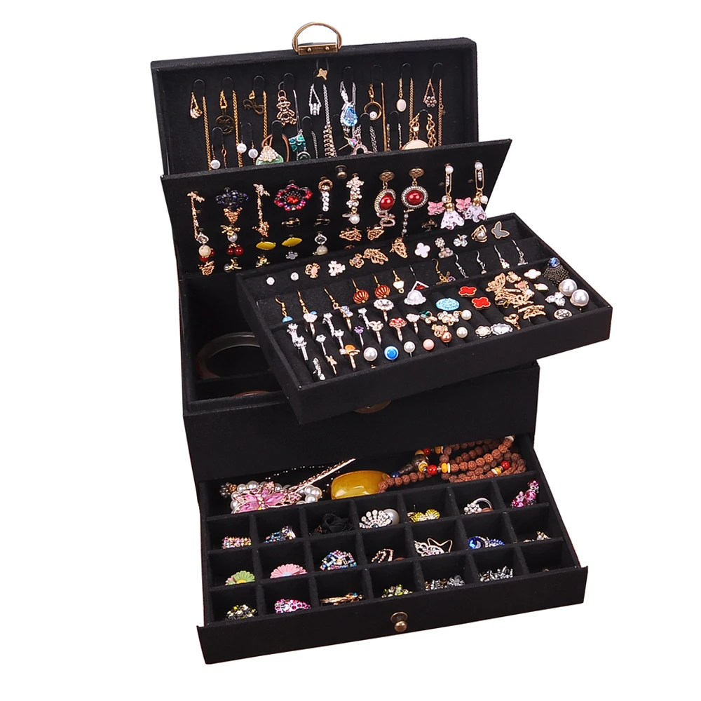 Women Jewelry Box Storage Velvet Big Rings Earrings Makeup Case Necklace Holder Organizer Lock Key Bangle Watch Jewel Display