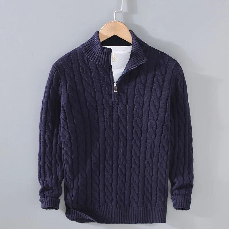 Basic Sweater Men Pullover Sweater Stand Collar Half Zip Cotton Thickened Knit Solid Color High Street