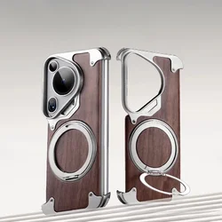 Oatsbasf Shockproof Phone Case with 360° Rotatable Stand and Magnetic Protective Wooden Metal Frame for HuaweiPura70Ultr (Titanium)
