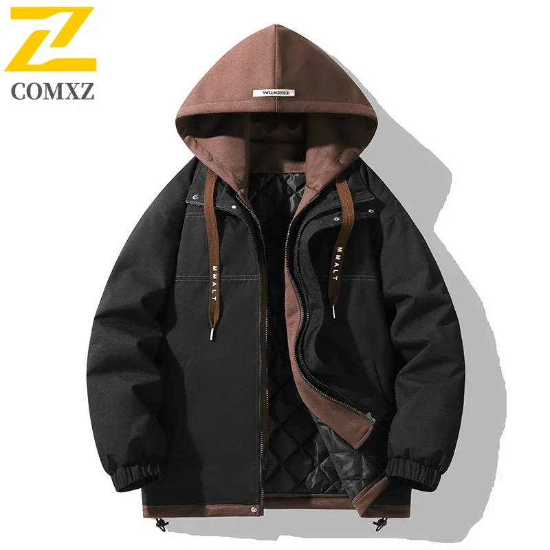 COMXZ Men Hooded Two-Layer Jacket Spring Autumn Hong Kong Style Waterproof Windbreaker Casual Streetwear Loose Fit Outdoor Coat
