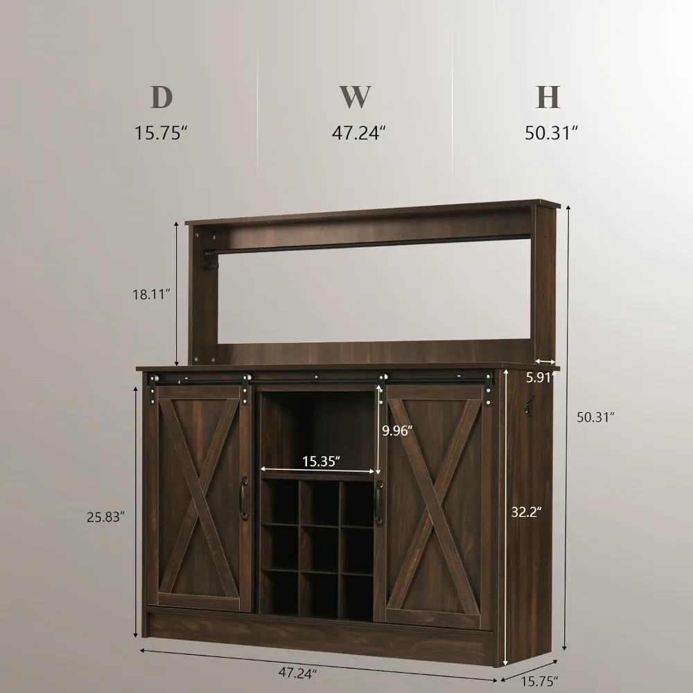 Farmhouse Coffee Bar Cabinet with 6 Hooks, 47&rdquo; Liquor Wine Bar Cabinet with 9 Wine Racks, Kitchen Buffet Storage