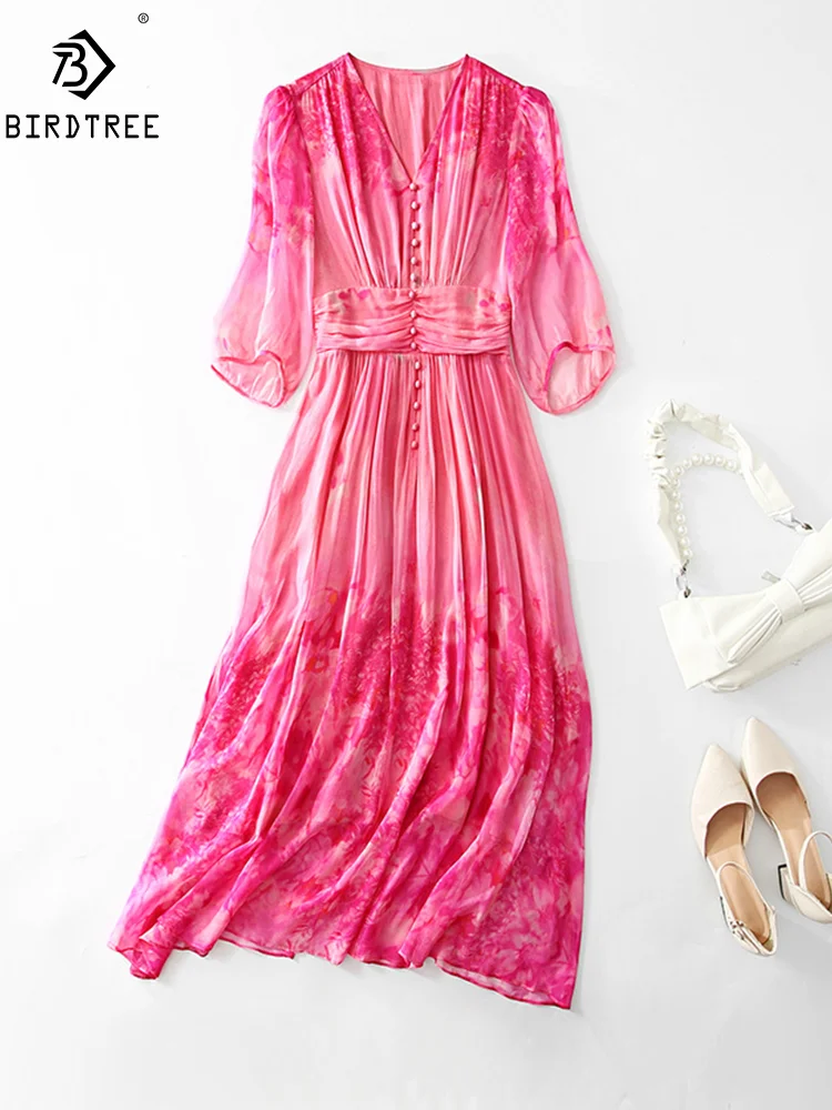 

Элегантное платье BirdTree из 100% натурального шелка, женское платье с коротким рукавом и V-образным вырезом, Пляжное Платье для отпуска во французском стиле, Новинка лета 2024, D45651QM