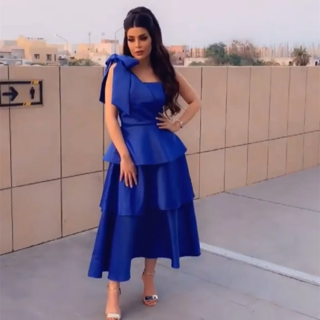 

Vintage Short One Shoulder Royal Blue Evening Dresses A-Line Satin Tiered Zipper Prom Dress Abendkleider for Women