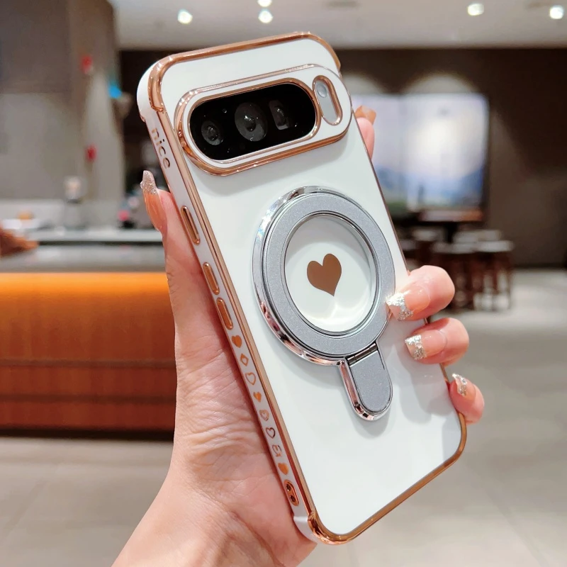 Enhanced Love Heart Bracket Phone Case with Plating Finish and Magsafe Compatibility