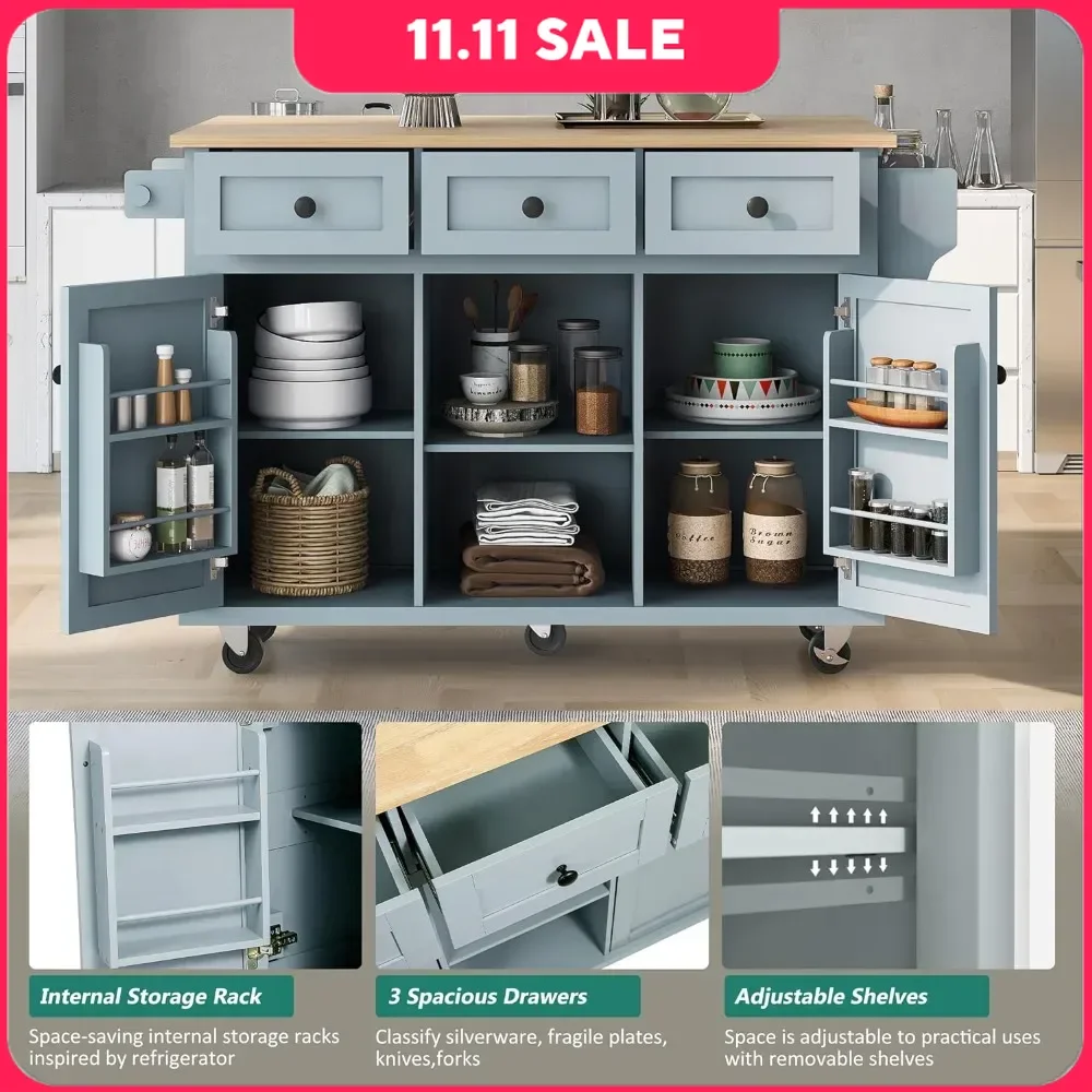 Kitchen Cabinets, Wood Kitchen Island on Wheel with Internal Storage Racks (Gray Blue,53.1" D Cabinets