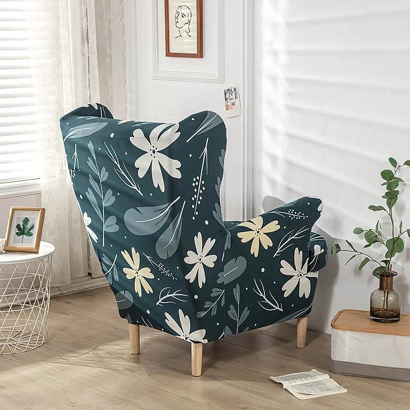 Elastic Sloping Wing Chair Cover Stretch Floral Printed Armchair Slipcovers Single Wingback Sofa Covers with Seat Cushion Cover