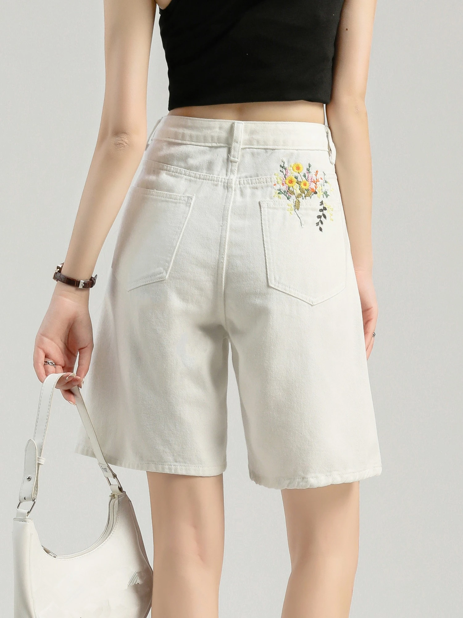 ZHISILAO Floral Embroidery Denim Shorts Women Vintage Casual White Knee Lengrh High Waist Jeans