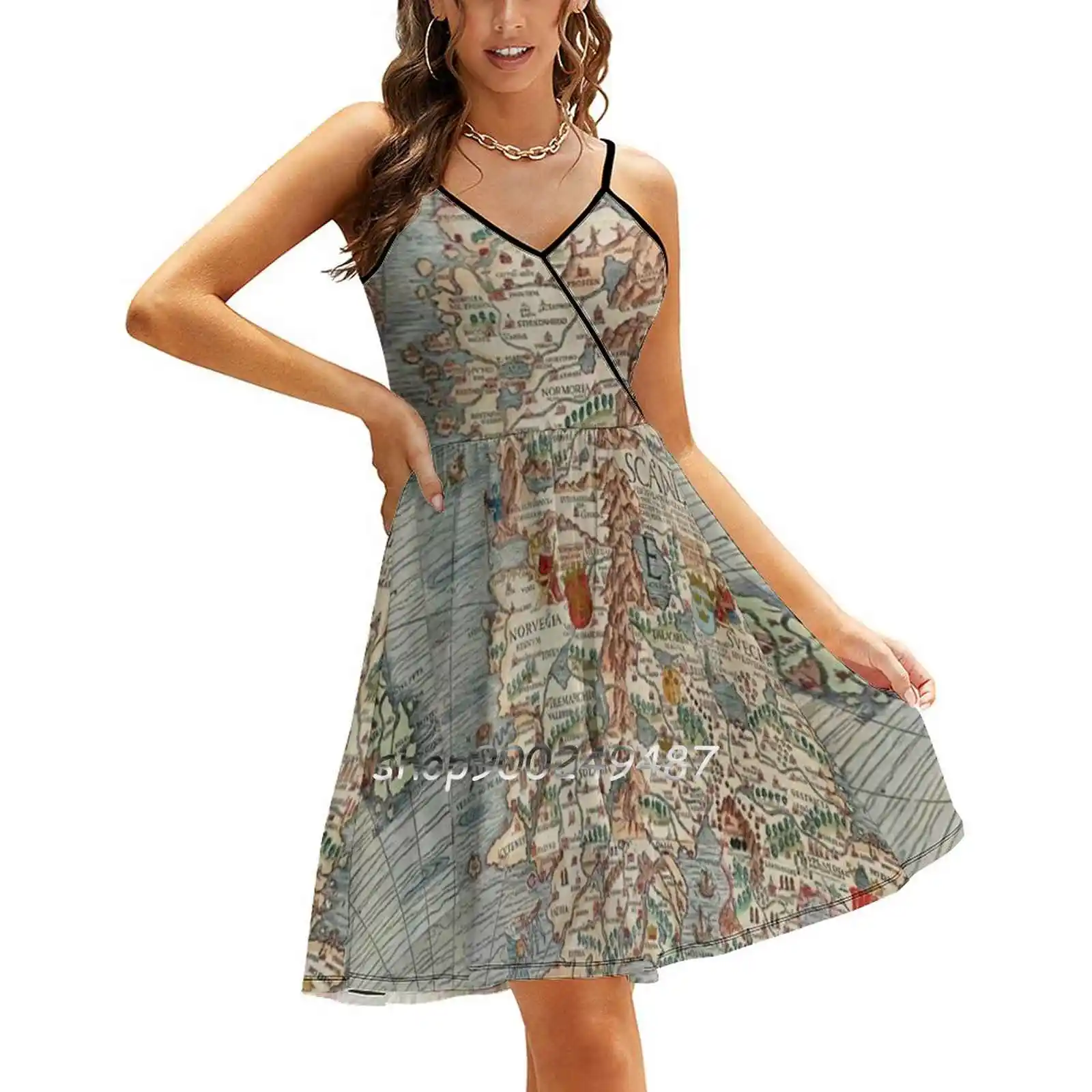 

Vintage Old World Map Sweet Summer Casual Sling Dresses Korean Women Sexy Sundress Map Vintage Sea Monsters Literary Literature