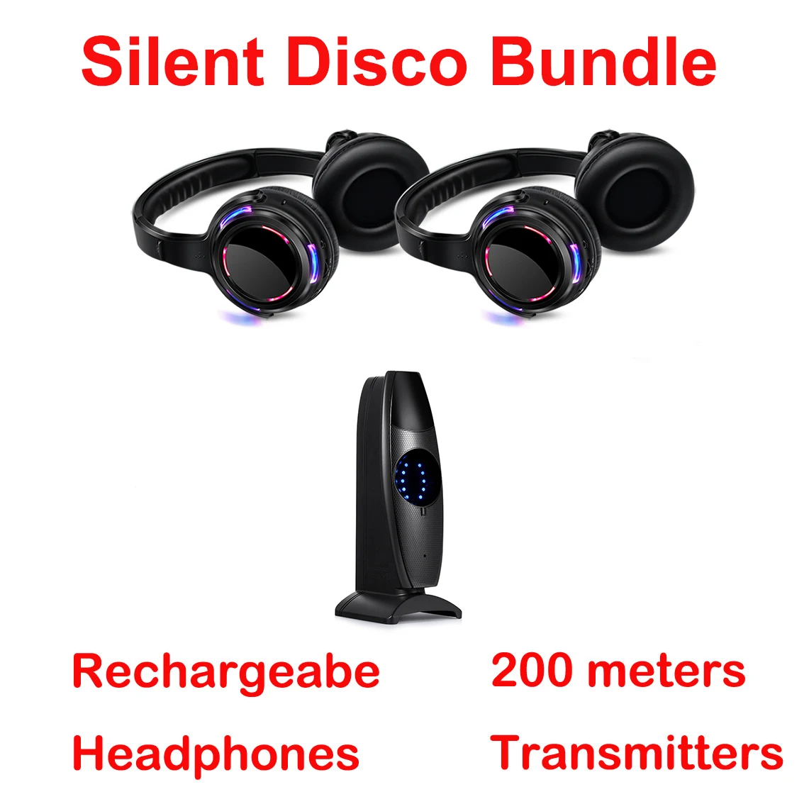 Silent Disco Led Flashing Light Wireless Headphones - Quiet Clubbing Party Bundle (2 Receivers Plus 1 Transmitter)