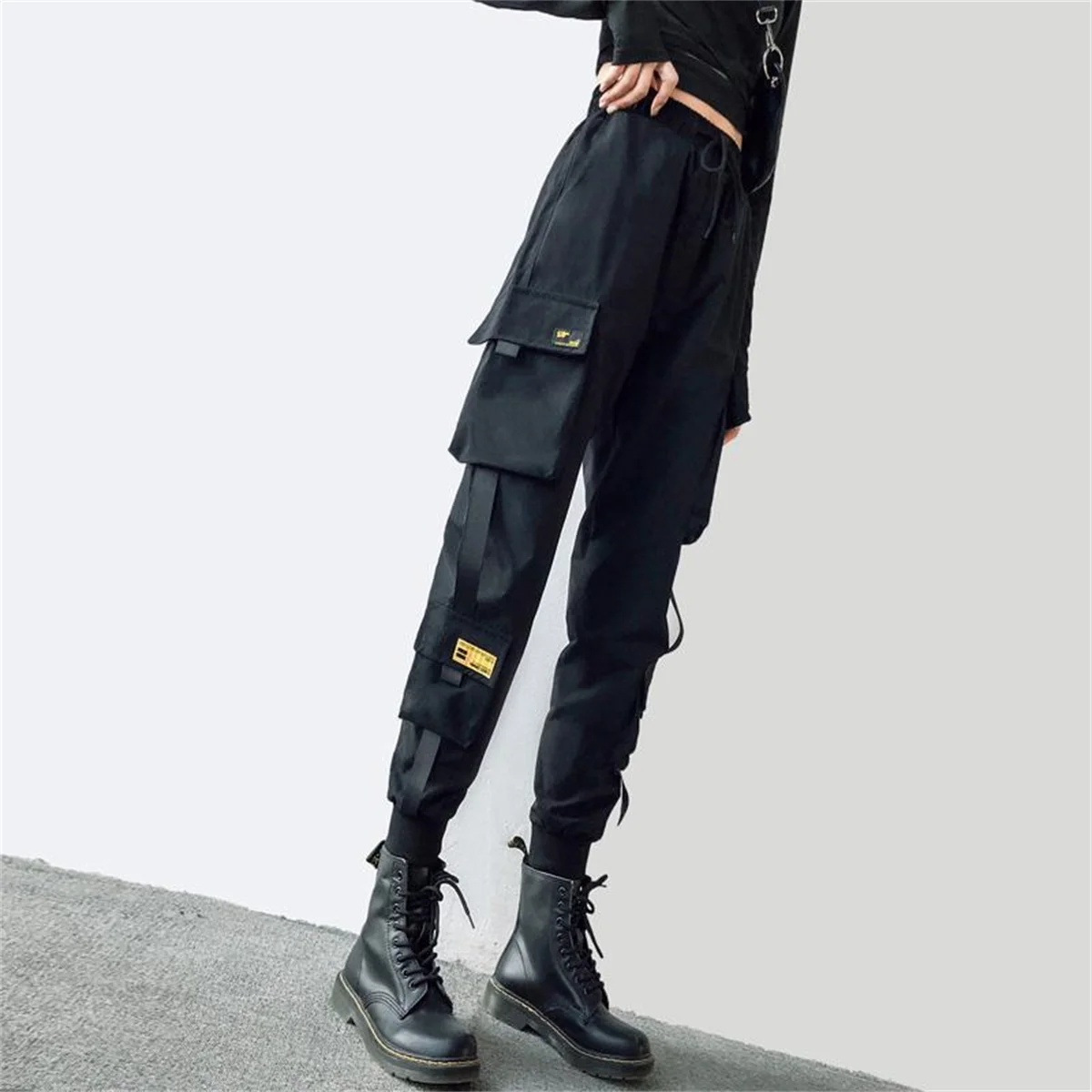 Schwarze Cargo hose Frauen lässig Jogger hohe Taille lose weibliche Hip-Hop-Hose koreanische Punk-Hose lustige Capri Streetwear Femme – Detail 5
