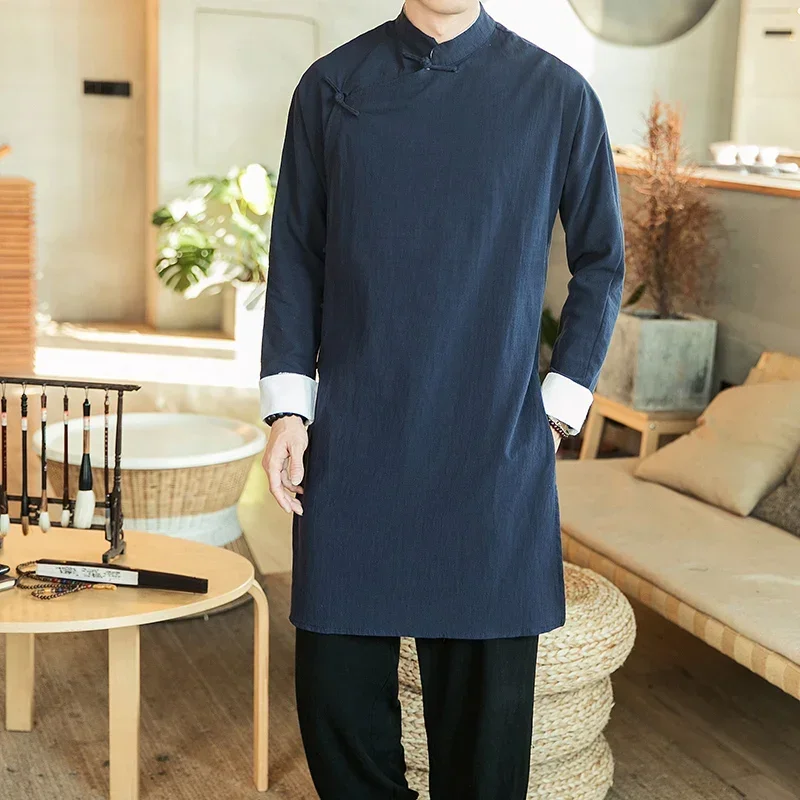 Streetwear Thin Tang Suit Coat Men Mens Linen Jacket Black Long Coat Male Hanfu Chinese Style Robe Harujuku Wind Breaker