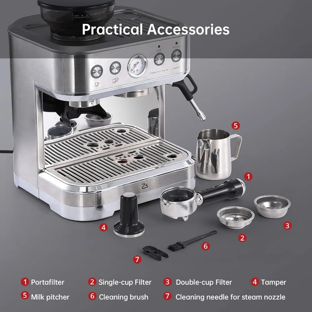 Espresso Machine 20 Bar, Semi Automatic Espresso Maker with Grinder, Stainless Steel, Latte 6