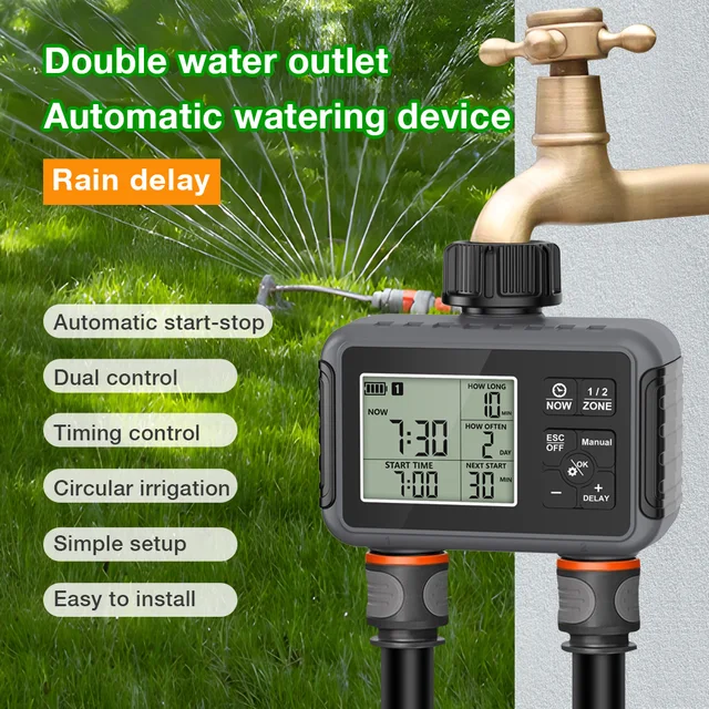 1/2-Outlets Automatic Water Timer Smart Irrigation Watering System Sprinkle Faucet Hose Programmer Timer for Garden Outdoor 1