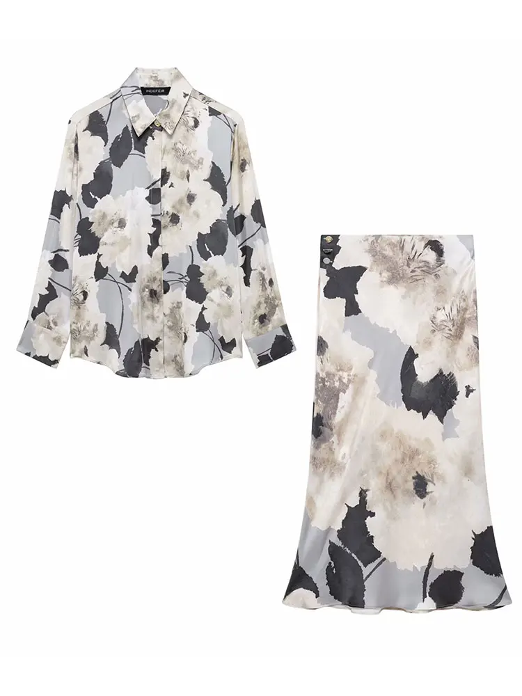 HH Women Elegant Floral Print Blouse Skirt Suit Lapel Single Breasted Shirt High Waist Skirts 2025 Spring New Fashion Sets