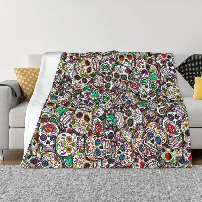 

Mexican Sugar Skulls Blanket 3D Print Flannel Fleece Warm Halloween Day of the Dead Throw Blankets for Travel Bedroom Sofa Quilt