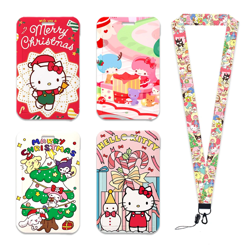 

W Hello Kitty Sanrio Lanyards Card Christmas Neck Strap Festival Sliding Card Case ID Badge Keyrings Subway Access Keychain