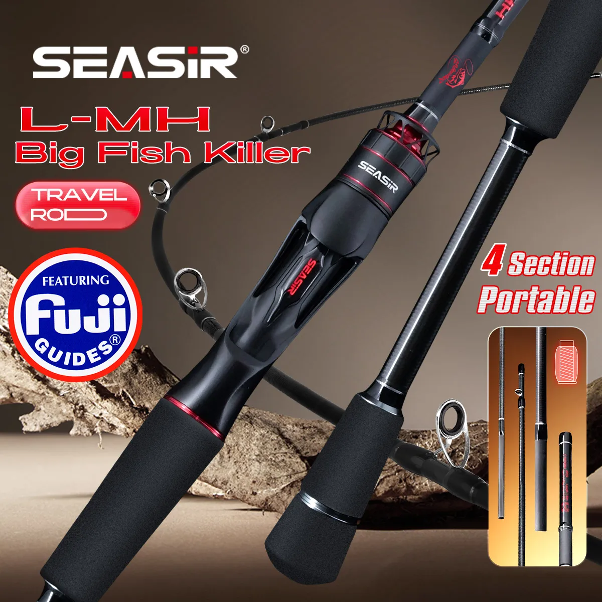 Canne travel 4 brins SEASIR Salminus XF 1.83m FUJI O rings 7-9kg pour pêche lourde nomade polyvalente