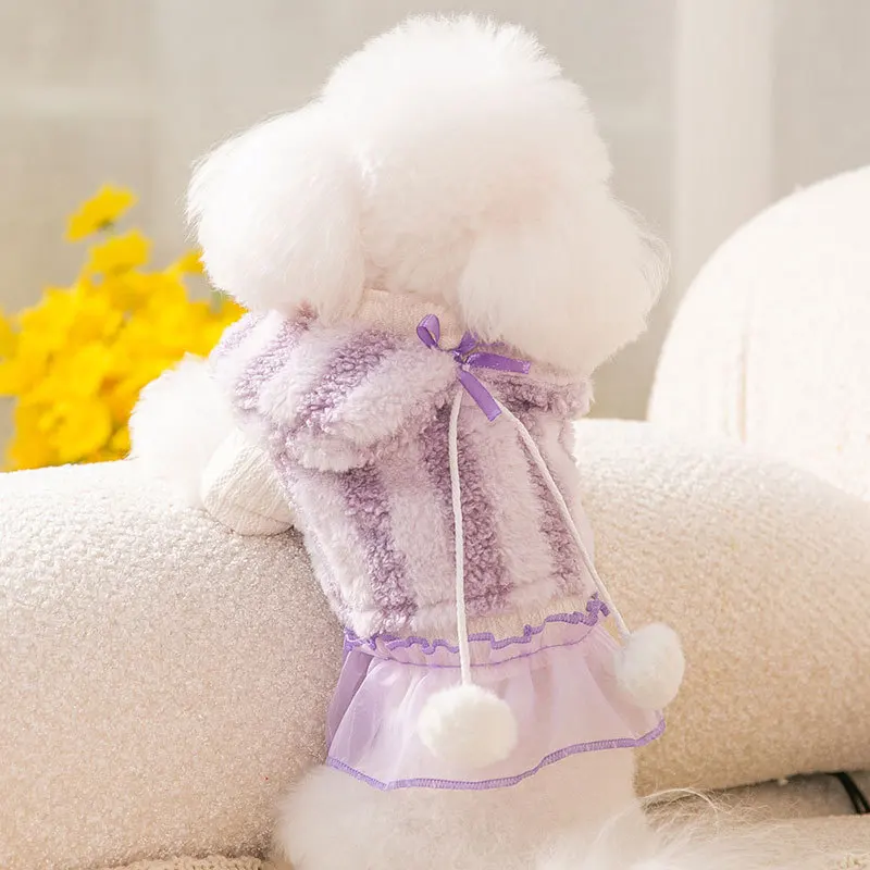 

Autumn and Winter Pet Clothes Warm Two-piece Set Lovely Princess Dress Small and Medium-sized Dog Short Skirt Soft Striped Vest