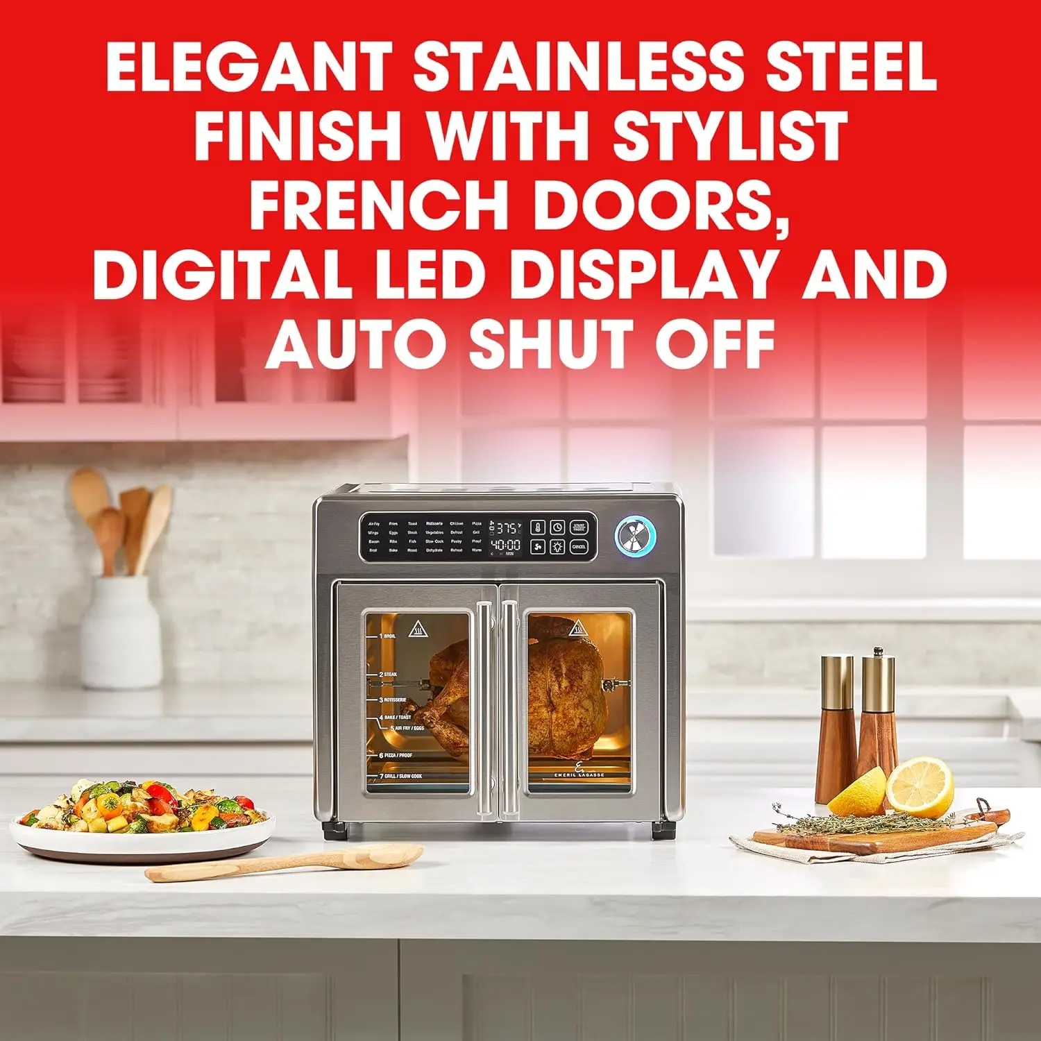 Lagasse 26 QT Extra Large Air Fryer, Convection Toaster Oven with French Doors, Stainless Steel 6