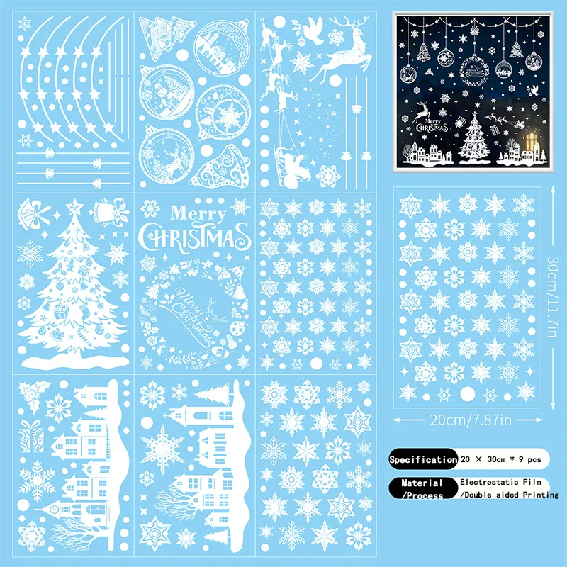 Snowflake Christmas Window Stickers Reindeer New Year Decal Wall Sticker White Christmas Electrostatic Stickers Decorations 9pcs