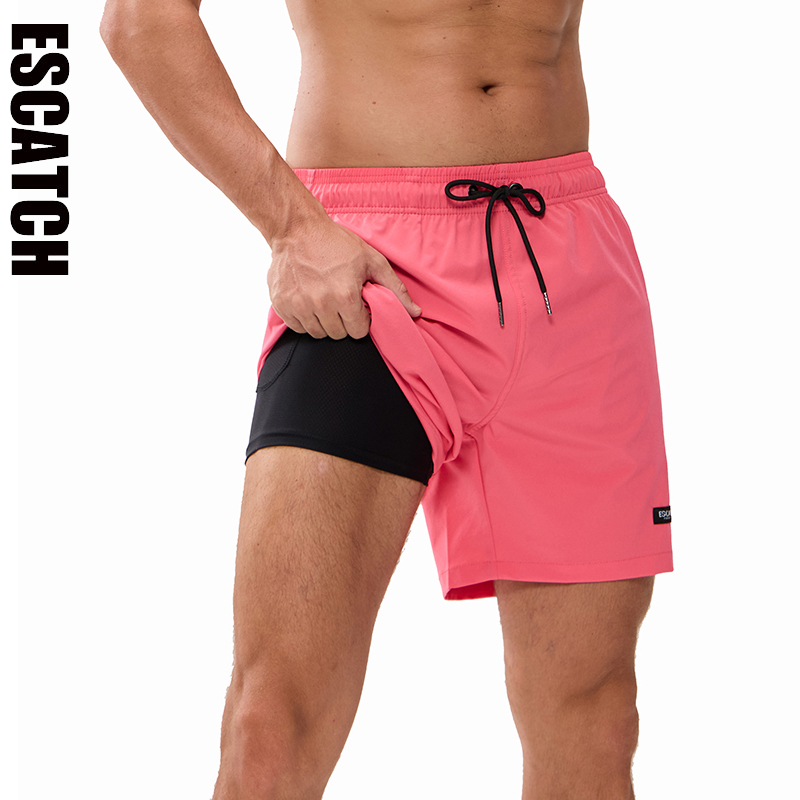 ESCATCH 2026 Latest Mens Shorts Breathable Long Lining Quick-Dry Sports Swim Traje De Baño Hombre Zipper Pockets Beach Shorts