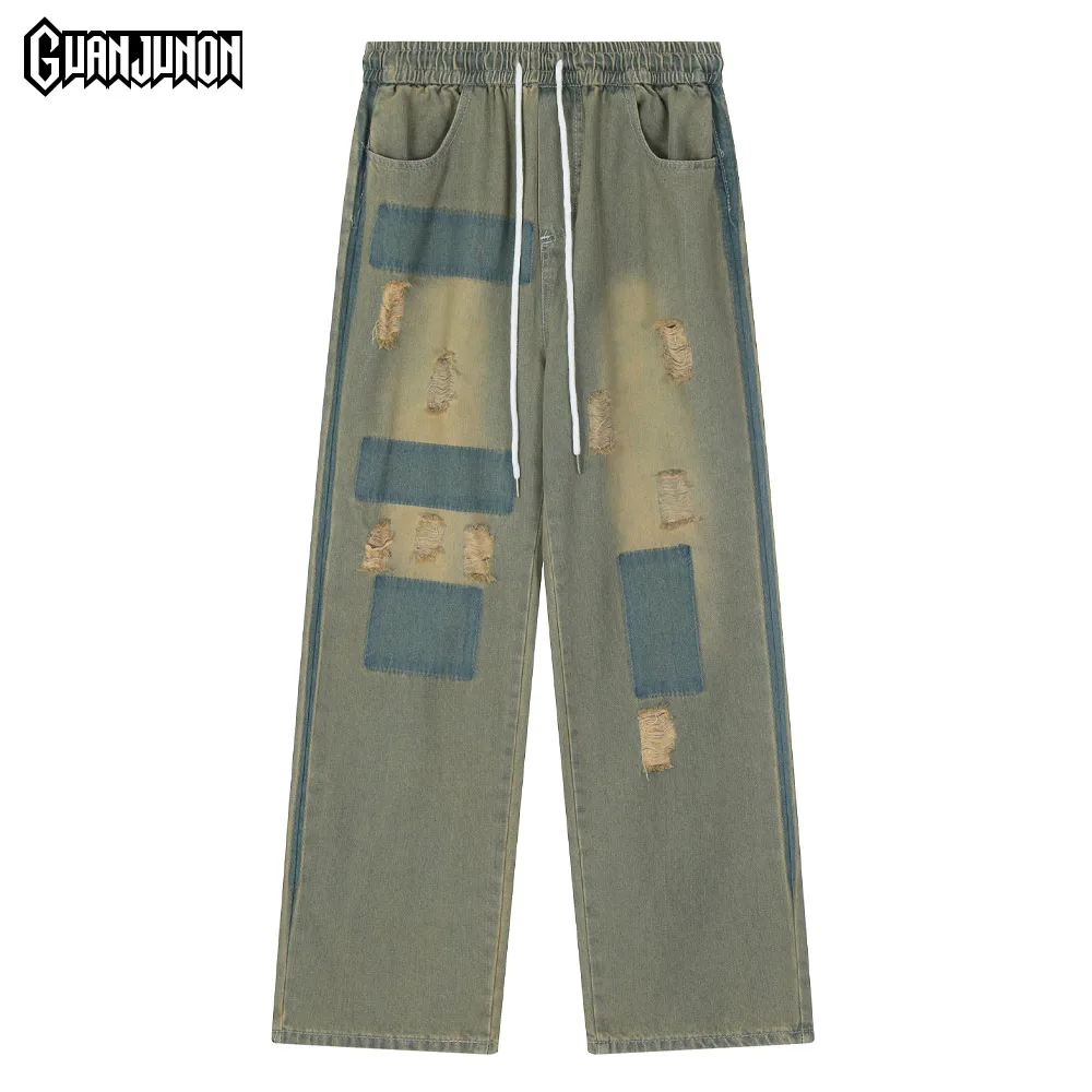 

Jeans for Men Casual Baggy Pants Straight-leg Trousers Ripped Patch Pantalon Homme Streetwear Y2k Ropa Hombre Youthful Vitality