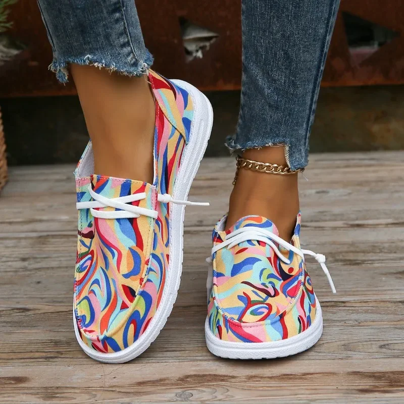 

Женские парусиновые туфли, Новинка осени 2024, Стильные повседневные женские туфли на плоской подошве с круглым носком и принтом, кроссовки на шнуровке