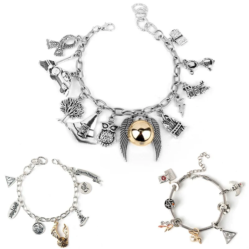

Anime Harries Bracelet Hogwarts School Badge Horcrux Deathly Hallows Golden Snitch Charms Bangle Bracelets for Women Men Jewelry