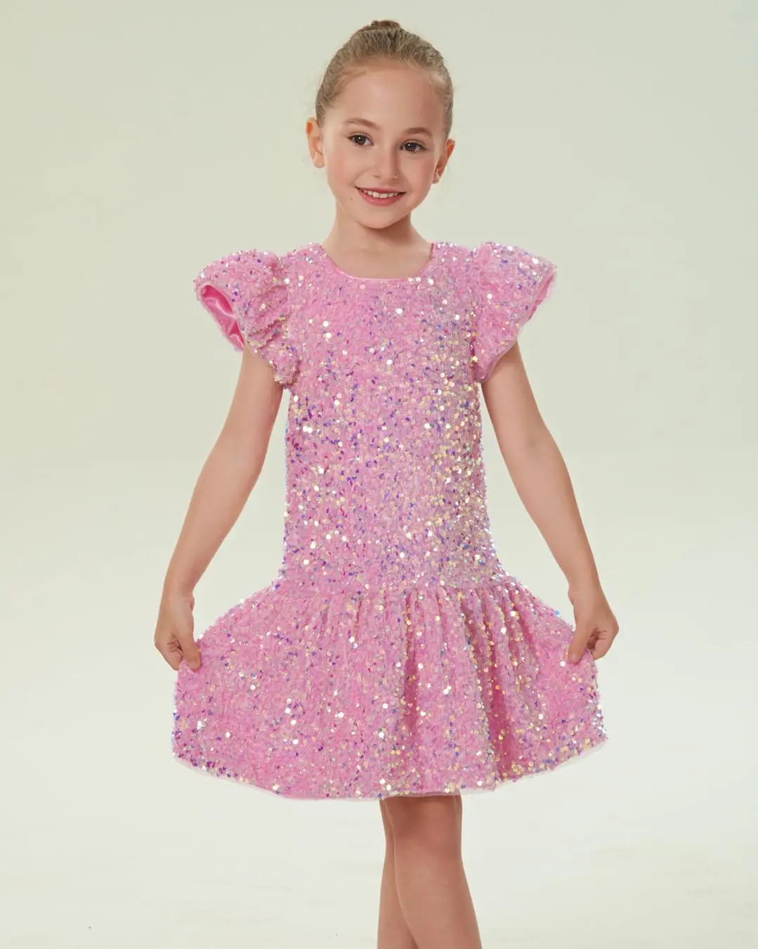 Girl Velvet Sequin Flutter Sleeve Birthday Party Dress -【Sparkly Pink】