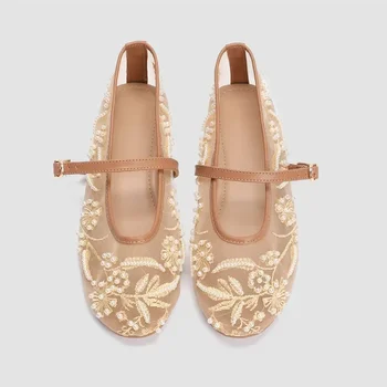 Summer White Pearl Decoration Mesh Embroidery Ballet Flats Women Elegant String Bead Flat Sandals Light Mary Jane Designer Shoes