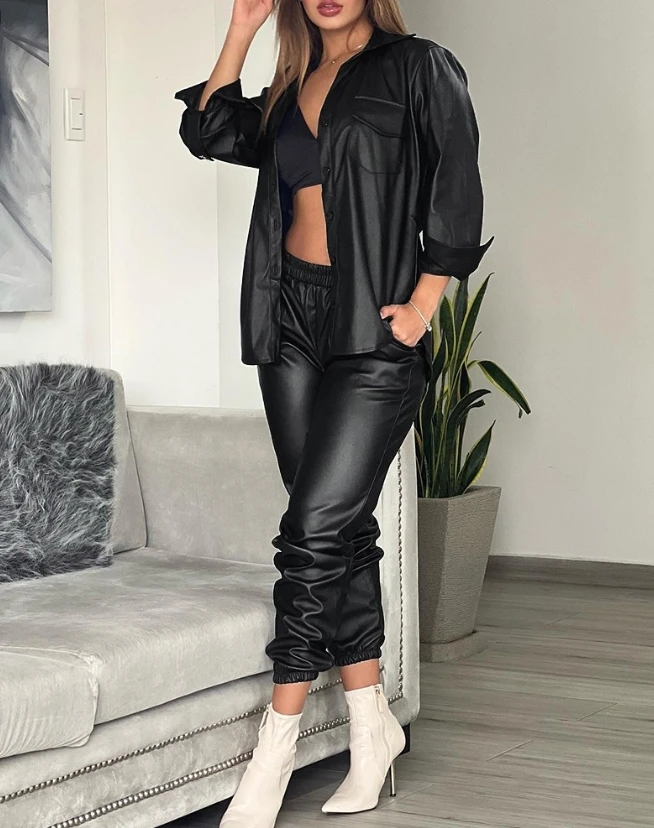 Women's Fashion Pocket Design PU Leather Long Sleeve Shirt & Cuffed Pants Set Temperament Commuter Female Casual Sweatpants Sets