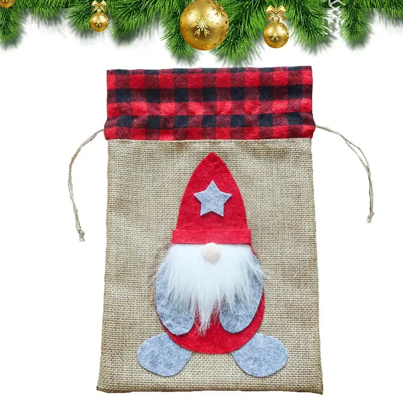 

Cute Faceless Doll Drawstring Natural Burlap Bag Jute Gift Bag Cotton Linen Christmas Print Gift Bag