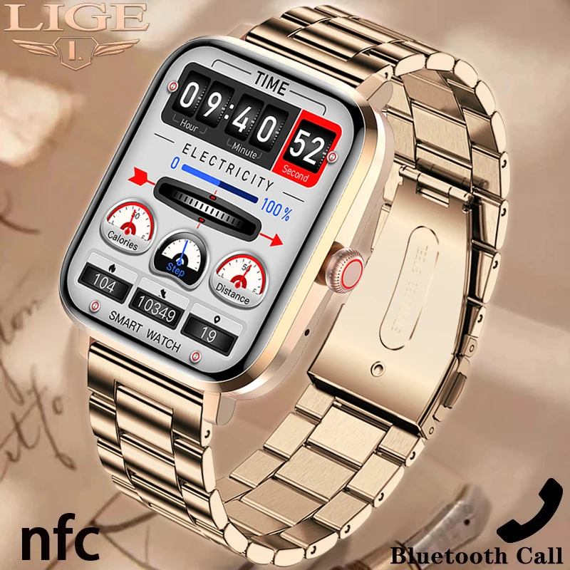 

LIGE Bluetooth Calling Smart Watch NFC Custom Dial Heart Rate Monitoring IP68 Waterproof 1.85'' Full Touch Screen Men Smartwatch