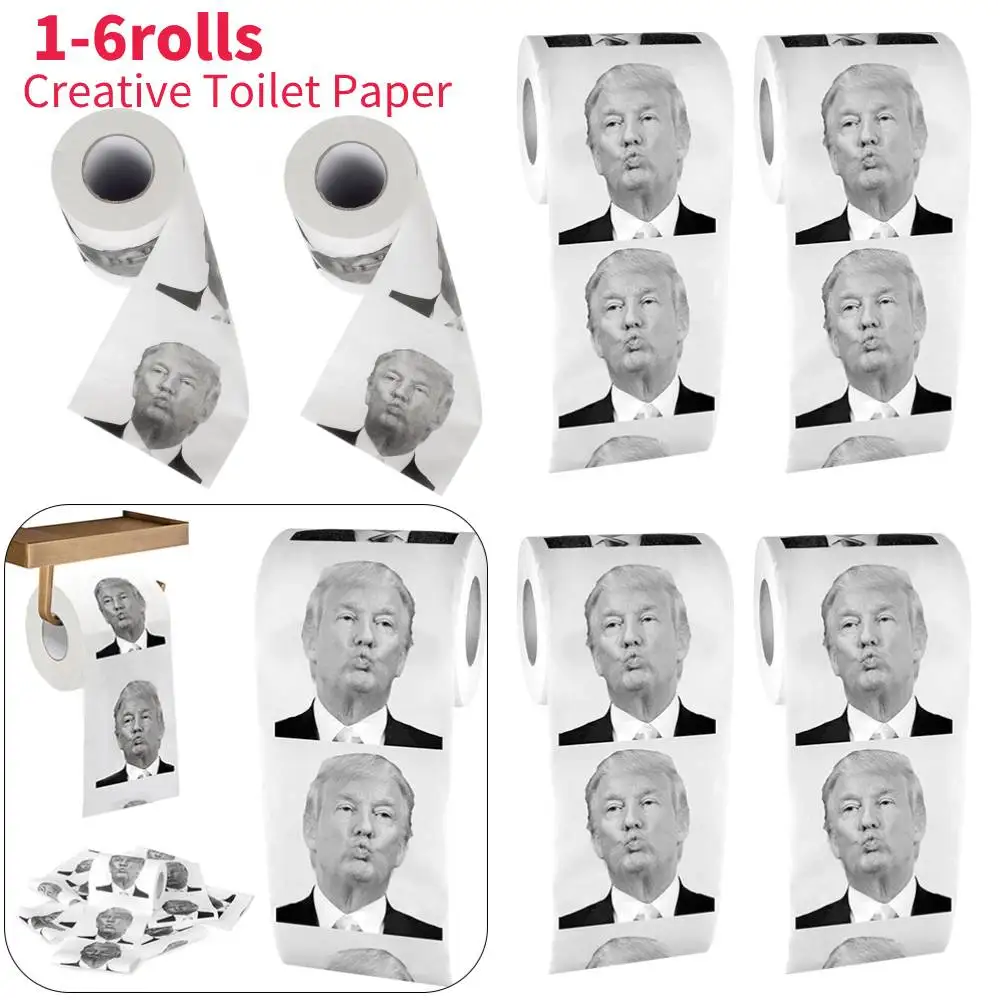 1-6rolls Donald Trump Roll Tissue Joke Fun Paper Tissue Gag Non-fading Nontoxic Dustless Prank Creative Bathroom Toilet