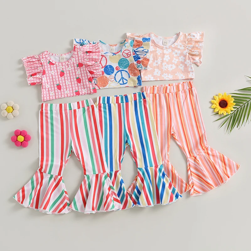 

Комплект одежды Lioraitiin для маленьких девочек от 0 до 4 лет, летний комплект из 2 предметов, топы с рукавами «летучая мышь», дождевые полосатые штаны с колокольчиком, 2023-05-18