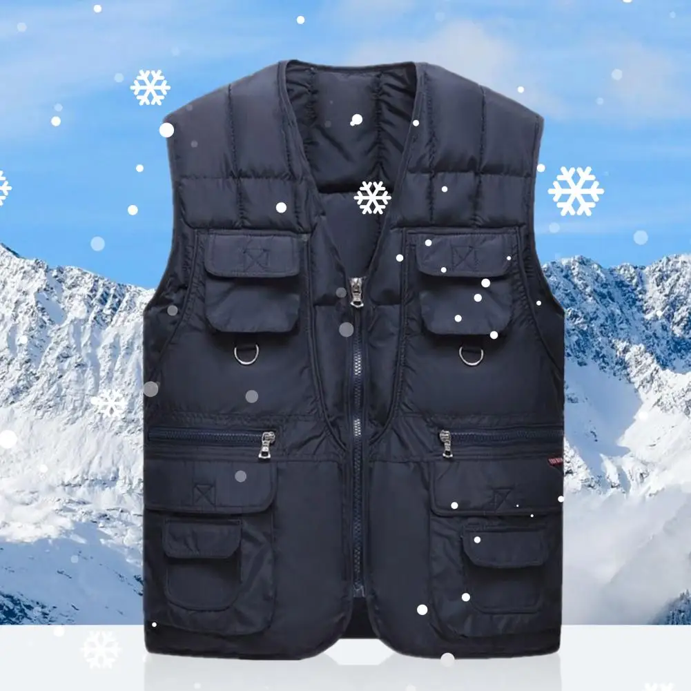 Description Picture 4 of itemMen Vest Solid Color With Multiple Pockets Zipper Closure Sleeveless Vest Jacket Autumn Winter Waistcoat Men Fashion Clothing