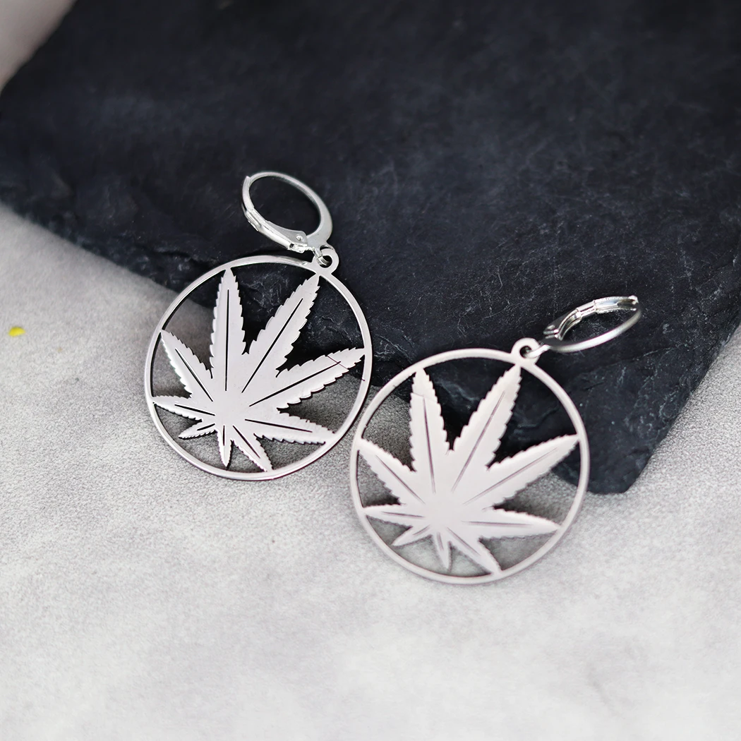 QIAMNI Stainless Steel Round Pot Leaf Hoop Earrings for Women Weed Jewelry Fashion Palm Leaves Drop Statement Piercing Ear 4