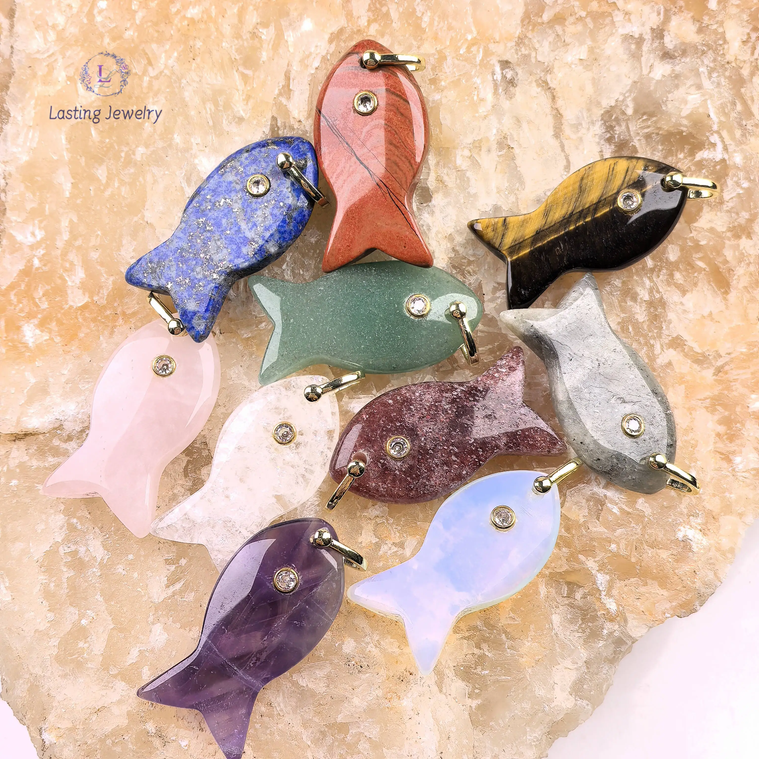 Gemstone With Inlaid Zircon Carved Fish Pendants Reiki Crystal Rose Quartz Lapis Labradorite Charms For Necklace Jewelry Making - 2