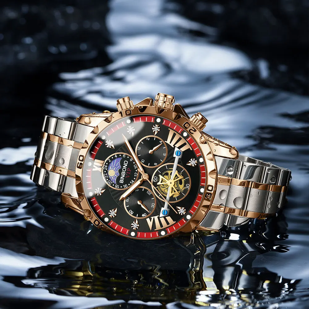 BINBOND Lurury Men's Watches Trend Fashion Original Quartz Watch for Man Flywheel Style Chronograph Waterproof Moon Phase Dress - Image 5