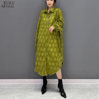 Verde militare frangia Design autunno donna manica lunga camicia di grandi dimensioni vestito soffice vestibilità ampia stile coreano grande abito Casual JJXD272