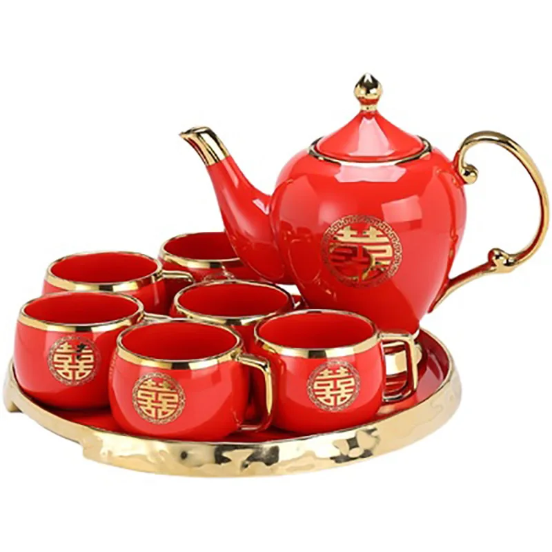 Chinese Red Ceramic Tea Set, Teapot, Porcelain Kettle, Teaware with Handle, Newlywed Banquet Party Supplies