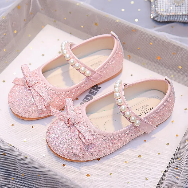 Bling bling Pink Glass slipper Girls Bows Princess Shoes For Wedding Party Kids Little Leather Shoes Children Performance Shoes