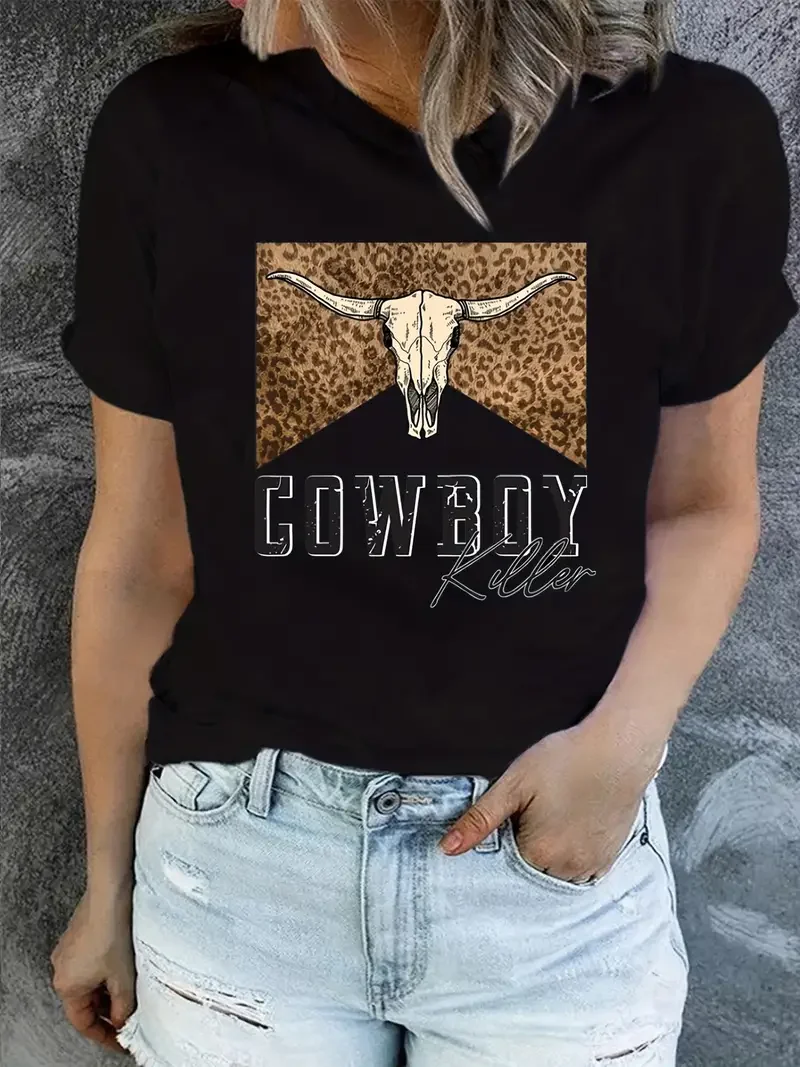 

Cowboy Creative Design Graphic Funny T-Shirt Summer Women's Shirt Fashion Round Neck Short Sleeve Casual Commuter Top