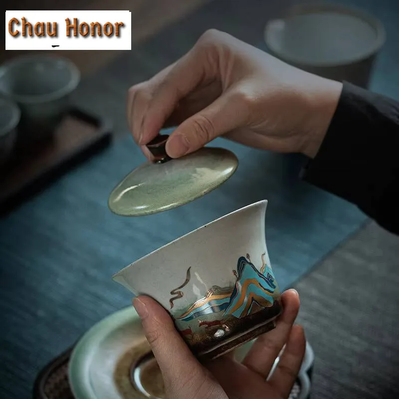 140ml Stone Celadon Glaze Mountain Gaiwan Luxury Tea Tureen Tea Bowl with Lid Kit Tea Brewing Cover Bowl Drinkware Ornaments