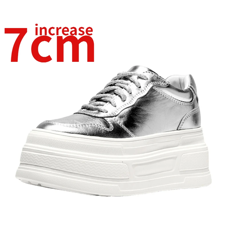 

Silver/white Dad's Shoes for Women's Increased 7cm Genuine Leather Hand Sewn Breathable Comfortabl Elevator Sports Casual Shoes