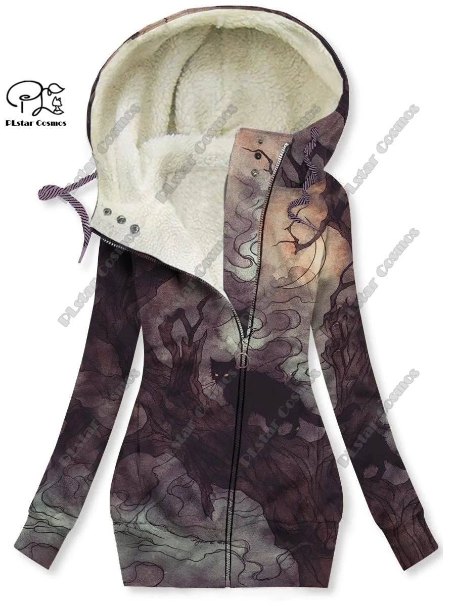 New 3D printed animal series cute cat pattern velvet warm women's long zipper hoodie coat commuting casual winter M-2