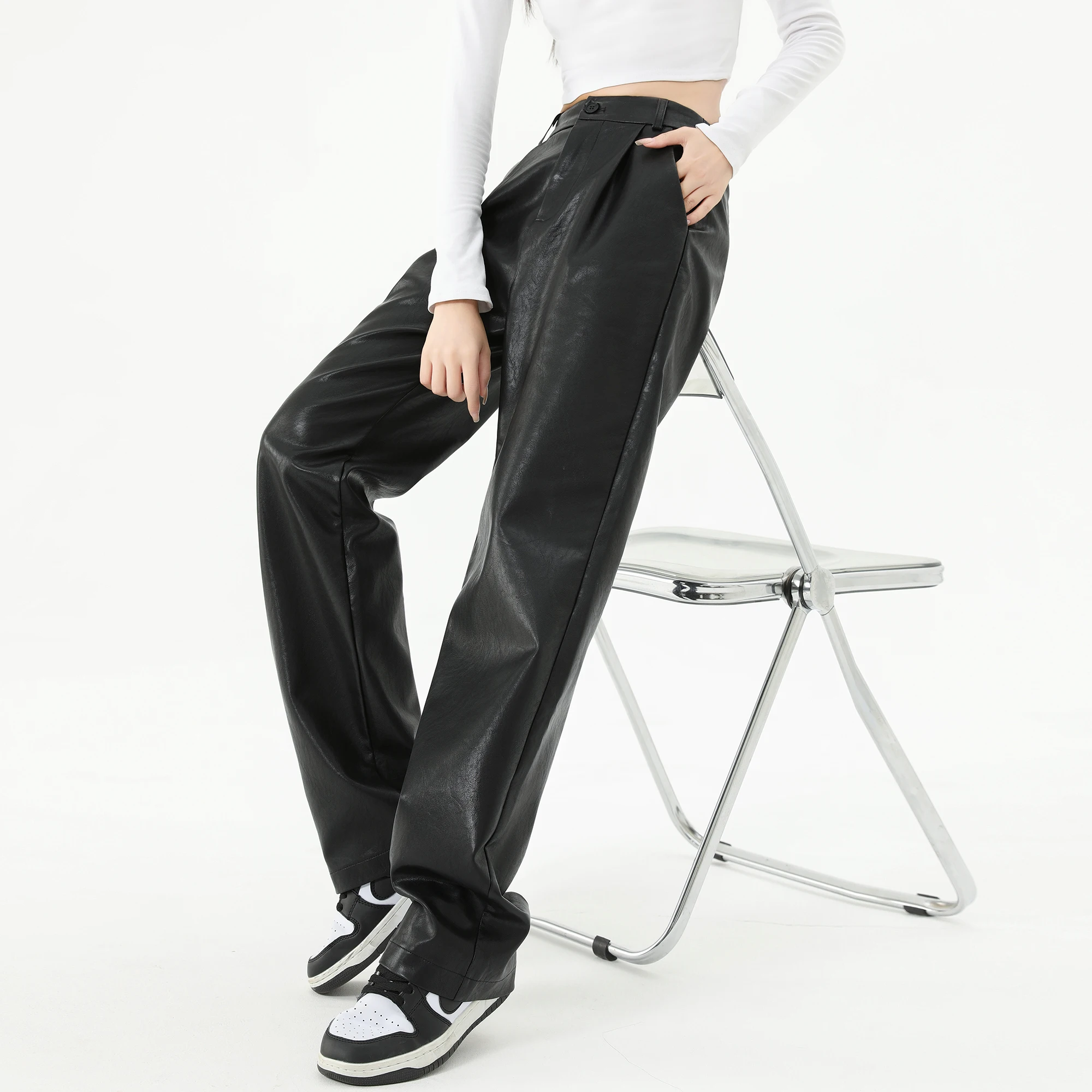 

PU Faux Leather Straight Pants Fashion Women Casual Loose 2023 Autumn Pantalon Female High Waist Trousers Wide Leg Pants W832A