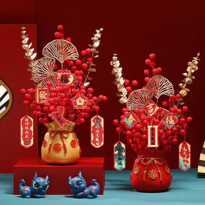 

1set Chinese New Year Red Fruit Golden Leaf Fortune Fruit Ornaments, Simulation Flower Home Decoration