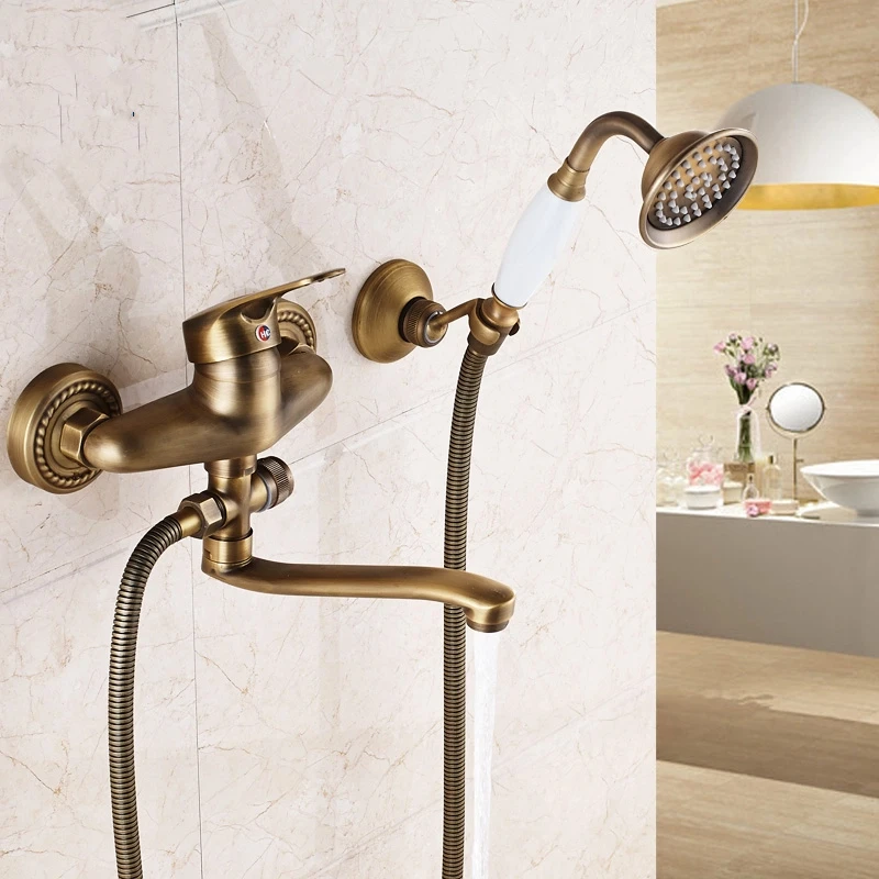 ก๊อกน้ำผสมสำหรับห้องน้ำ ขนาด 22 ซม. ทำจากทองเหลือง แบบจุกก้านยาว พร้อมฝักบัวแบบติดผนัง ก๊อกน้ำแบบก้านโยกเดี่ยว สำหรับอ่างอาบน้ำและอ่างล้างหน้า 1