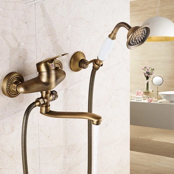 ก๊อกน้ำผสมสำหรับห้องน้ำ ขนาด 22 ซม. ทำจากทองเหลือง แบบจุกก้านยาว พร้อมฝักบัวแบบติดผนัง ก๊อกน้ำแบบก้านโยกเดี่ยว สำหรับอ่างอาบน้ำและอ่างล้างหน้า 1